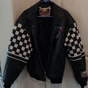 Vintage Jeff Hamilton NASCAR 50th Anniversary Checkerboard Racing Leather Jacket